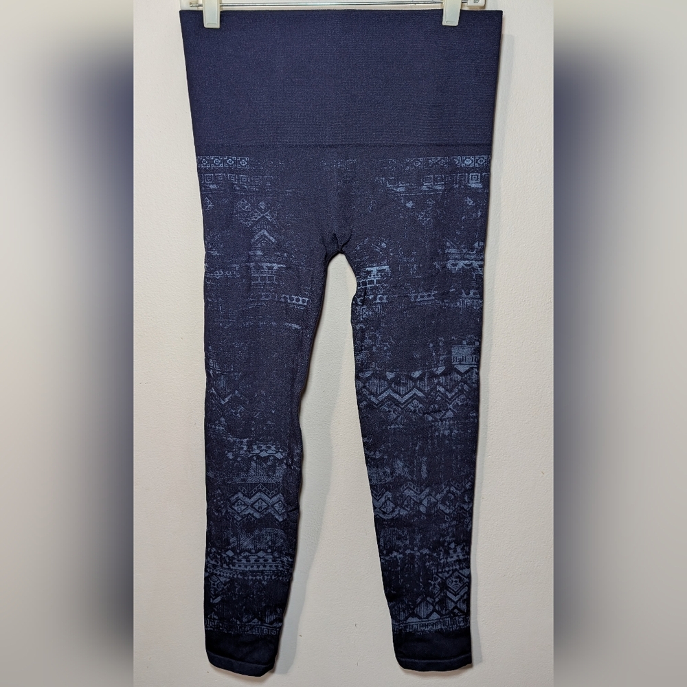 M Rena High Rise Tummy Control Leggings Navy Blue Patterned Gym Women's Size M/L